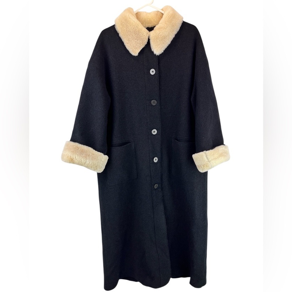 VTG Hilary Radley Long Wool Coat Real Shearling Trim with Detachable Liner 12P